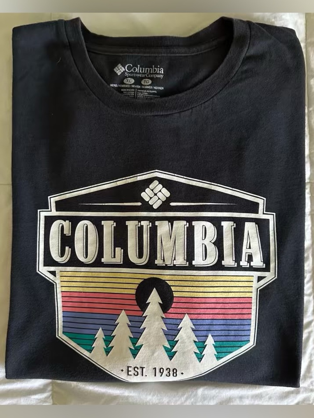 Columbia Men's XL Long Sleeve Graphic T-Shirt Black Sunset Trees Est 1938